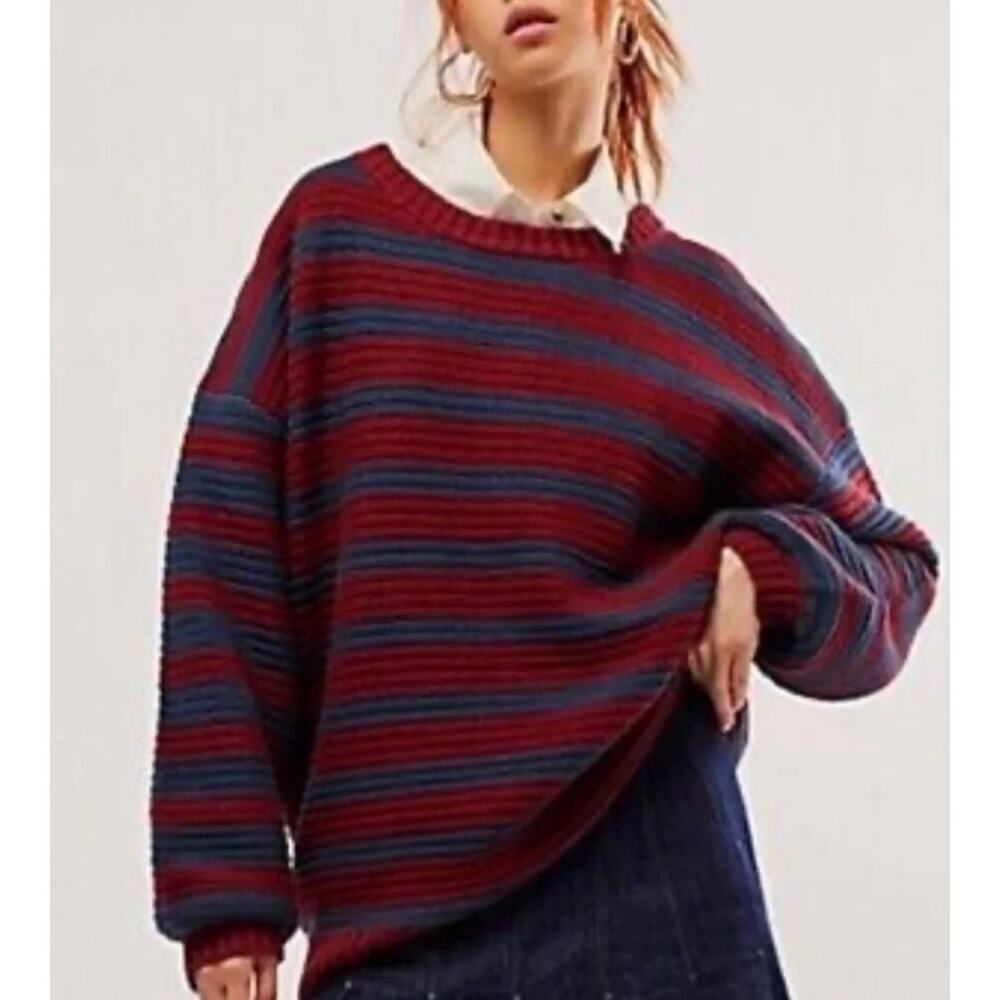 NEW Free People The Links Pullover Sweater Mulberry Navy Combo SZ S